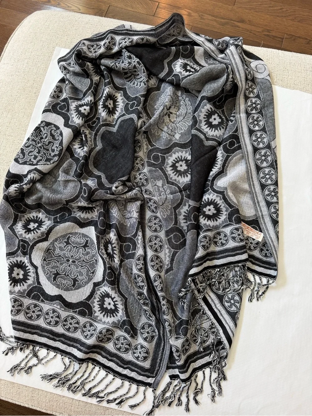 Pashmina Silk Blend Black & Gray Patterned Fringed Wrap Shawl Scarf